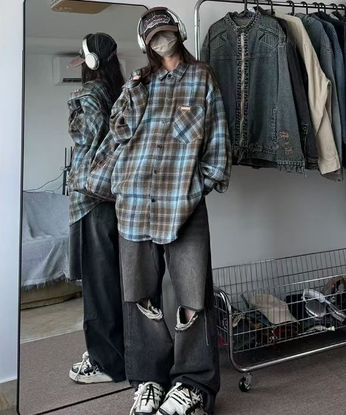 FreeZone(フリーゾーン)の「オーバーサイズ チェックシャツ(シャツ/ブラウス・レディース・ブルー/グリーン・F)」の13枚目の写真