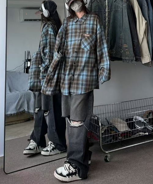 FreeZone(フリーゾーン)の「オーバーサイズ チェックシャツ(シャツ/ブラウス・レディース・ブルー/グリーン・F)」の21枚目の写真