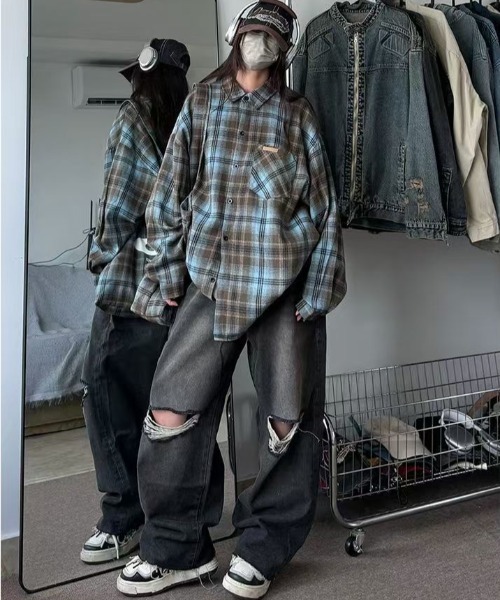 FreeZone(フリーゾーン)の「オーバーサイズ チェックシャツ(シャツ/ブラウス・レディース・ブルー/グリーン・F)」の9枚目の写真