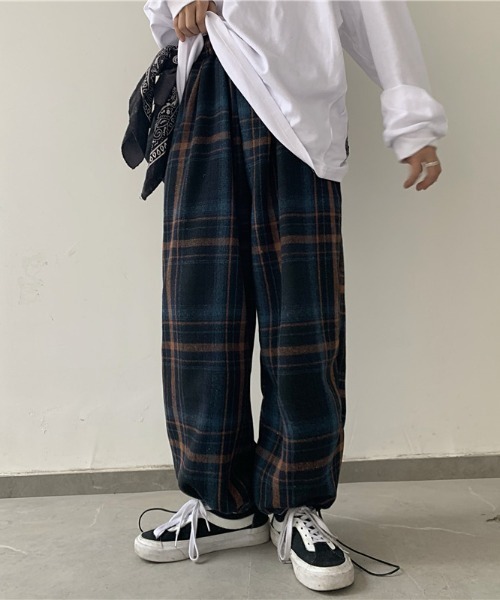 WARAIJOGO（ワライジョウゴ）の「【WARAIJOGO】チェック柄ルーズワイドレッグパンツ(NEZ)（その他パンツ・メンズ・ブルー/オレンジ・LARGE）」の6枚目の写真