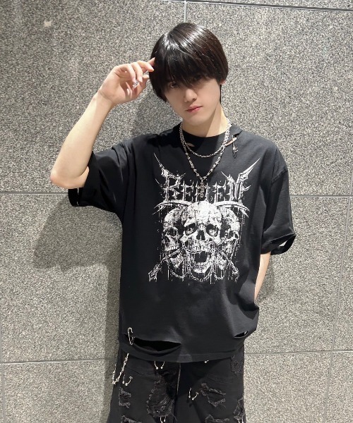 tシャツ 「REFLEM/レフレム」スカルプリントダメージTシャツ/ハーフスリーブカットソー レディース メンズ REFLEM/レフレム』スカルプリントダメージTシャツ/ハーフ
