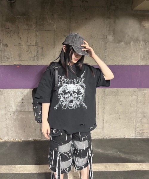REFLEM スカルプリントダメージ加工半袖Tシャツ REFLEM tシャツ 「REFLEM/レフレム」スカルプリントダメージT