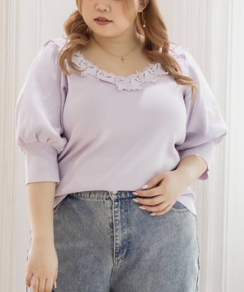 CLETTE(クレット)の「レース使い6分袖ニット(ニット/セーター・レディース・ラベンダー/ブラック/アイボリー・4L/3L/LL)」の3枚目の写真