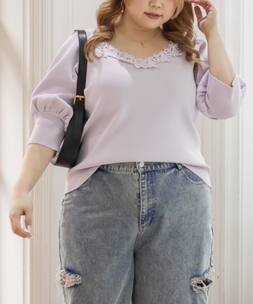 CLETTE(クレット)の「レース使い6分袖ニット(ニット/セーター・レディース・ラベンダー/ブラック/アイボリー・4L/3L/LL)」の14枚目の写真