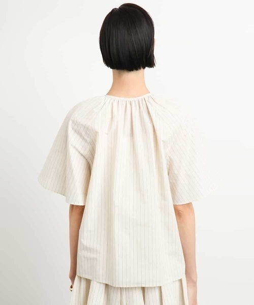 ミッシェルクラン（MICHEL ）/[小さいサイズ]ギャザーブラウス ストライプ柄(セットアップ対応/ドライタッチ) セール】[ドライタッチ]ギャザーブラウス ストライプ柄(セットアップ
