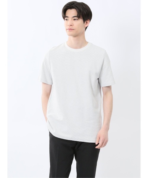 TAKA-Q(タカキュー)の「【綿混】タカキュー メランジ 裏ボーダー クルーネック 半袖 Tシャツ(Tシャツ/カットソー・メンズ・ライトグレー/ネイビー/アイボリー/ターコイズブルー・MEDIUM/LARGE/X-LARGE)」の2枚目の写真