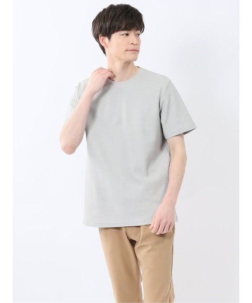TAKA-Q(タカキュー)の「【綿混】タカキュー メランジ 裏ボーダー クルーネック 半袖 Tシャツ(Tシャツ/カットソー・メンズ・ライトグレー/ネイビー/アイボリー/ターコイズブルー・MEDIUM/LARGE/X-LARGE)」の3枚目の写真