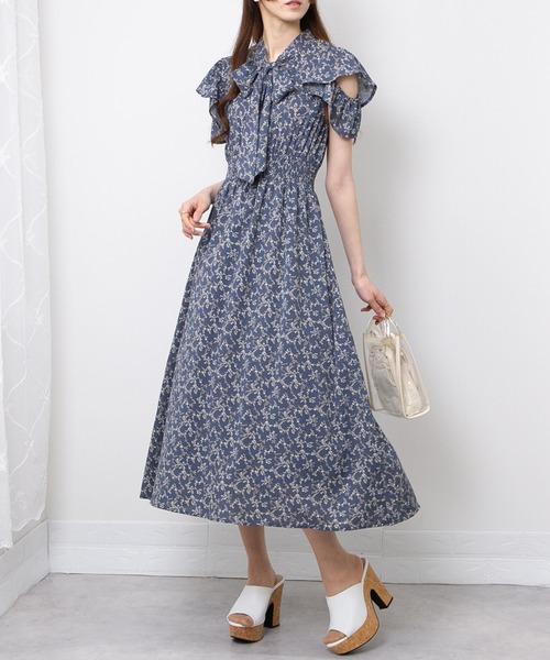 RT-100684専用 花柄 ロングワンピース ボウタイ リボン セール】花柄リボンボウタイ肩あきロングワンピース(ワンピース