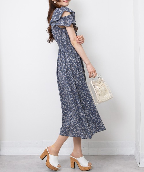 RT-100684専用　花柄　ロングワンピース　ボウタイ　リボン 花柄リボンボウタイ肩あきロングワンピース[品番：PPNW0004779