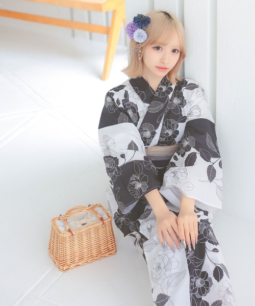 モノトーン椿浴衣セット[gi1201] カゴ、下駄セット【当日発送】 モノトーン椿浴衣セット[gi1201] | レディースファッション通販