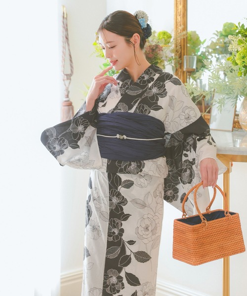 セール】浴衣セット レディース レトロモノトーン椿 ゆかた3点