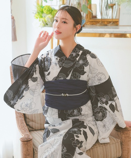 新品 浴衣 セット 浴衣セット ゆかた 大人 レディース 椿レトロ Y4-26 SOUBIEN 浴衣 レディース セット レトロ 浴衣セット 大人 3点