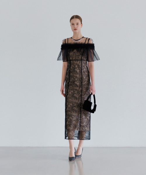 【LEJA】アシンメトリーシアーフラワードレスワンピース美脚効果結婚式 ドレス セール】【LEJA】アシンメトリーシアーフラワードレスワンピース