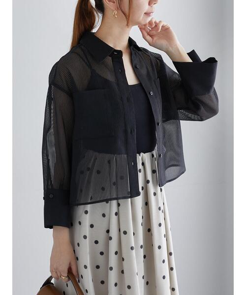 Te chichi（テチチ）の「シアーコードストライプシャツジャケット（ノーカラージャケット・レディース・ブラック/オフホワイト・F）」の2枚目の写真