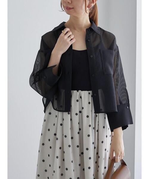 Te chichi（テチチ）の「シアーコードストライプシャツジャケット（ノーカラージャケット・レディース・ブラック/オフホワイト・F）」の10枚目の写真