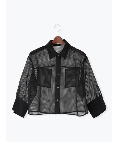 Te chichi（テチチ）の「シアーコードストライプシャツジャケット（ノーカラージャケット・レディース・ブラック/オフホワイト・F）」の4枚目の写真
