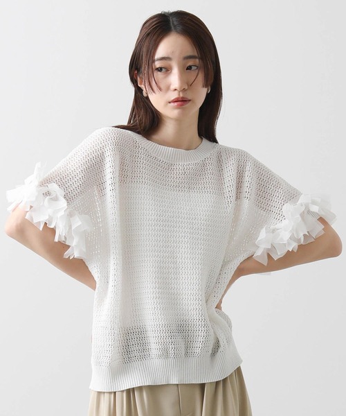 Gready Brilliant（グレディブリリアン）の「麻混メッシュ別布リボンニット（ニット/セーター・レディース・オフホワイト/ブラック/カーキ・38）」の8枚目の写真