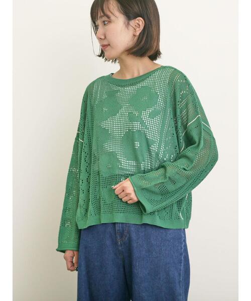 Samansa Mos2（サマンサ モスモス）の「透かし柄編みライン入り前後2WAYニット（カーディガン/ボレロ・レディース・ブラック/グリーン/キナリ・F）」の9枚目の写真