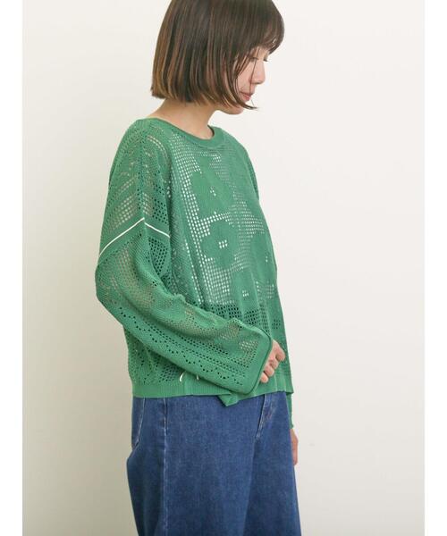 Samansa Mos2（サマンサ モスモス）の「透かし柄編みライン入り前後2WAYニット（カーディガン/ボレロ・レディース・ブラック/グリーン/キナリ・F）」の10枚目の写真