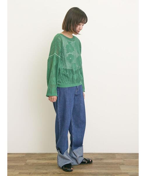 Samansa Mos2（サマンサ モスモス）の「透かし柄編みライン入り前後2WAYニット（カーディガン/ボレロ・レディース・ブラック/グリーン/キナリ・F）」の12枚目の写真