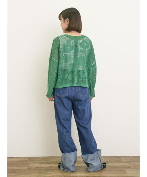 Samansa Mos2（サマンサ モスモス）の「透かし柄編みライン入り前後2WAYニット（カーディガン/ボレロ・レディース・ブラック/グリーン/キナリ・F）」の13枚目の写真