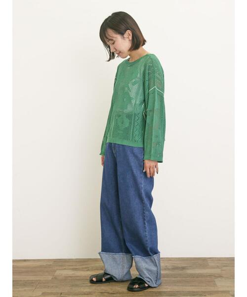 Samansa Mos2（サマンサ モスモス）の「透かし柄編みライン入り前後2WAYニット（カーディガン/ボレロ・レディース・ブラック/グリーン/キナリ・F）」の14枚目の写真
