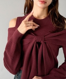 コットン カシュクール オフショルダー ニット レッド 赤 リボン 黒 素敵 コットン カシュクール オフショルダー ニット レッド 赤 リボン