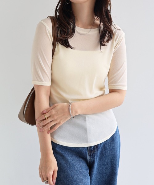 andme(アンドミー)の「コンパクト半袖シアートップス(Tシャツ/カットソー・レディース・チャコールグレー/ブラック/アイボリー/ライトピンク・FREE)」の1枚目の写真