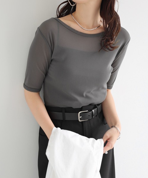 andme(アンドミー)の「コンパクト半袖シアートップス(Tシャツ/カットソー・レディース・チャコールグレー/ブラック/アイボリー/ライトピンク・FREE)」の6枚目の写真