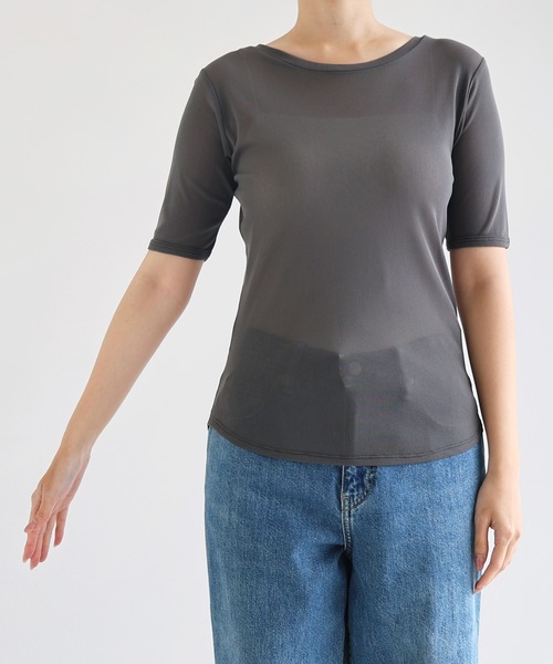 andme(アンドミー)の「コンパクト半袖シアートップス(Tシャツ/カットソー・レディース・チャコールグレー/ブラック/アイボリー/ライトピンク・FREE)」の21枚目の写真