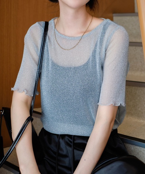 Rejoule(リジュール)の「ラメシアー半袖トップス(Tシャツ/カットソー・レディース・アイボリー/モカ/ブラック/グレー/ピンク・FREE)」の3枚目の写真