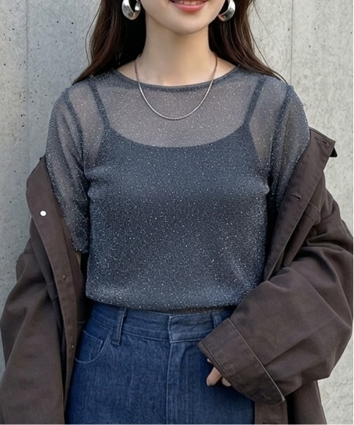 Rejoule(リジュール)の「メロウスリーブ 半袖ラメシアートップス(Tシャツ/カットソー・レディース・アイボリー/モカ/ブラック/グレー/ピンク/チャコールグレー/ボルドー・FREE)」の3枚目の写真