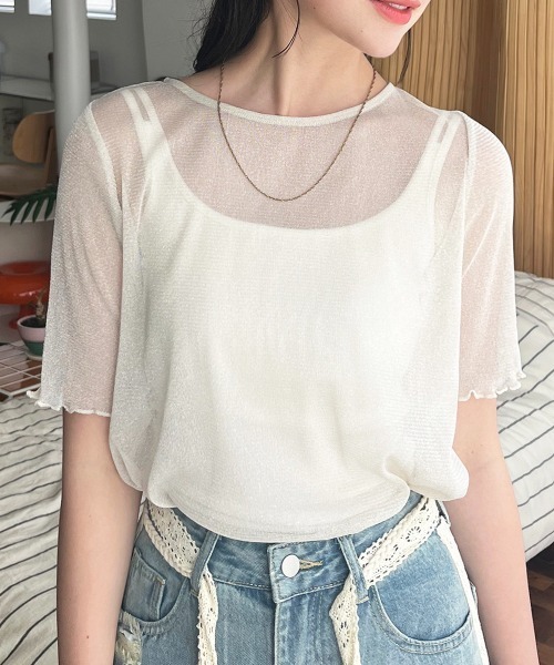 Rejoule(リジュール)の「ラメシアー半袖トップス(Tシャツ/カットソー・レディース・アイボリー/モカ/ブラック/グレー/ピンク・FREE)」の2枚目の写真