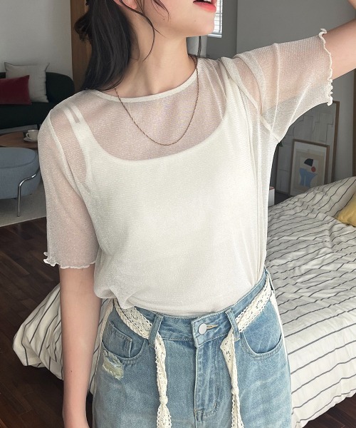 Rejoule(リジュール)の「ラメシアー半袖トップス(Tシャツ/カットソー・レディース・アイボリー/モカ/ブラック/グレー/ピンク・FREE)」の15枚目の写真