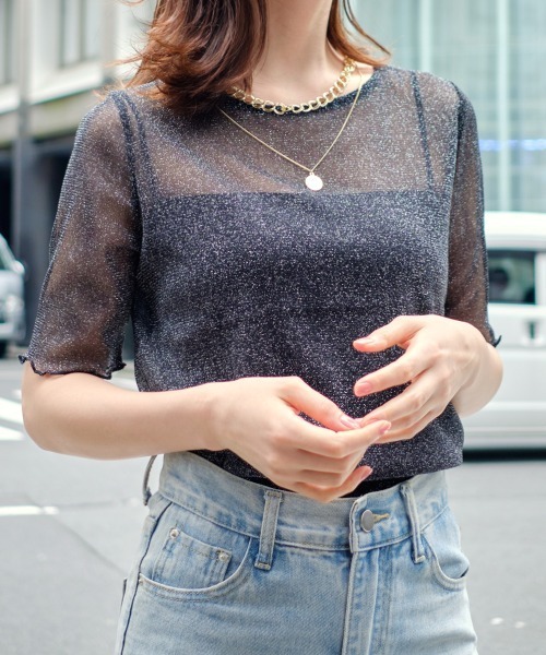 Rejoule(リジュール)の「ラメシアー半袖トップス(Tシャツ/カットソー・レディース・アイボリー/モカ/ブラック/グレー/ピンク・FREE)」の18枚目の写真