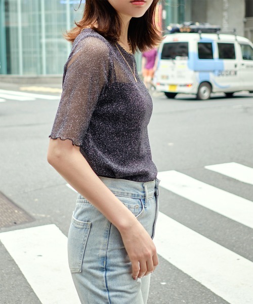 Rejoule(リジュール)の「ラメシアー半袖トップス(Tシャツ/カットソー・レディース・アイボリー/モカ/ブラック/グレー/ピンク・FREE)」の19枚目の写真