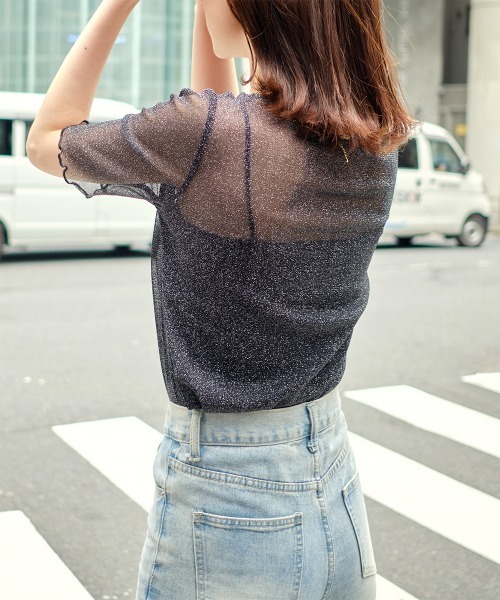 Rejoule(リジュール)の「ラメシアー半袖トップス(Tシャツ/カットソー・レディース・アイボリー/モカ/ブラック/グレー/ピンク・FREE)」の20枚目の写真