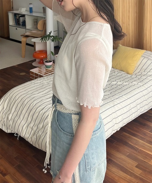 Rejoule(リジュール)の「ラメシアー半袖トップス(Tシャツ/カットソー・レディース・アイボリー/モカ/ブラック/グレー/ピンク・FREE)」の16枚目の写真