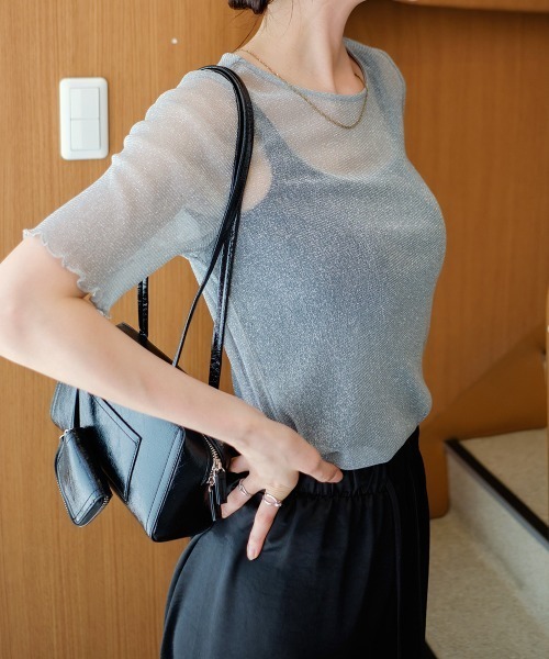 Rejoule(リジュール)の「ラメシアー半袖トップス(Tシャツ/カットソー・レディース・アイボリー/モカ/ブラック/グレー/ピンク・FREE)」の12枚目の写真