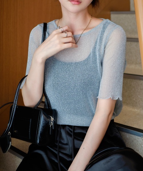 Rejoule(リジュール)の「ラメシアー半袖トップス(Tシャツ/カットソー・レディース・アイボリー/モカ/ブラック/グレー/ピンク・FREE)」の11枚目の写真