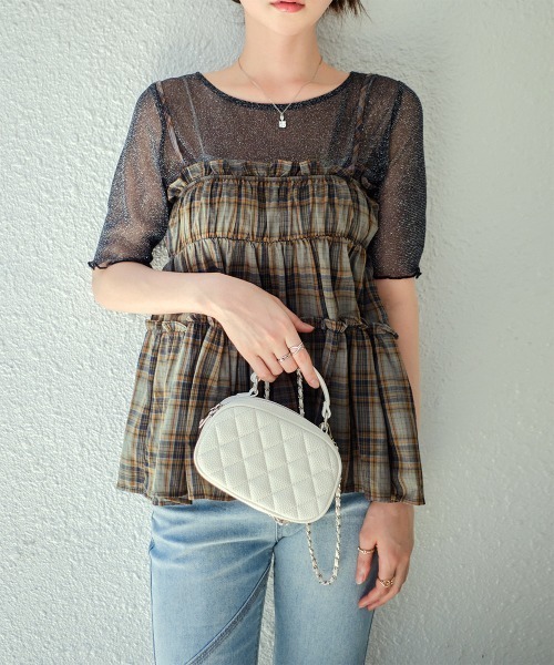 Rejoule(リジュール)の「ラメシアー半袖トップス(Tシャツ/カットソー・レディース・アイボリー/モカ/ブラック/グレー/ピンク・FREE)」の6枚目の写真