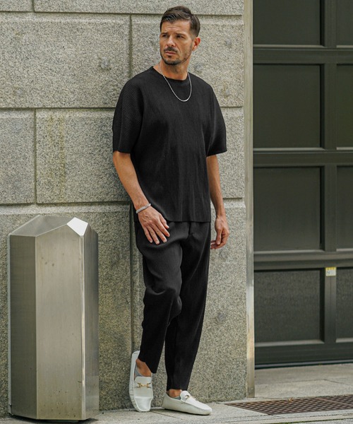 プリーツロングシャツ パンツセット プリーツTシャツロングパンツセット セットアップ 上下セット