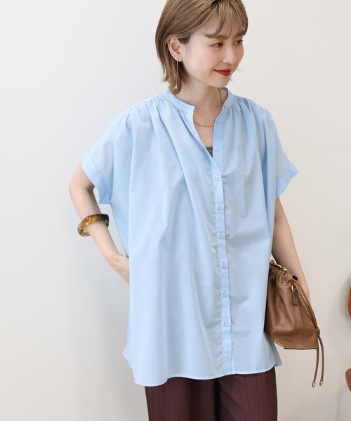 AMERICAN HOLIC（アメリカンホリック）の「イージーケア 接触冷感 フレンチスリーブギャザーシャツ（シャツ/ブラウス・レディース・ブラック/アイボリー/モカ/サックスブルー・M/L）」の14枚目の写真