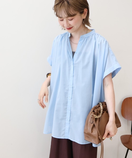 AMERICAN HOLIC（アメリカンホリック）の「イージーケア 接触冷感 フレンチスリーブギャザーシャツ（シャツ/ブラウス・レディース・ブラック/アイボリー/モカ/サックスブルー・M/L）」の13枚目の写真