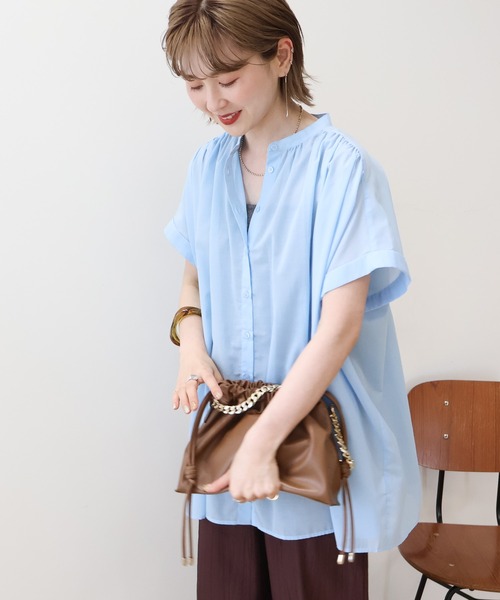 AMERICAN HOLIC（アメリカンホリック）の「イージーケア 接触冷感 フレンチスリーブギャザーシャツ（シャツ/ブラウス・レディース・ブラック/アイボリー/モカ/サックスブルー・M/L）」の12枚目の写真