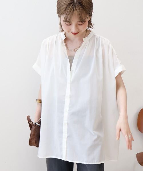 AMERICAN HOLIC（アメリカンホリック）の「イージーケア 接触冷感 フレンチスリーブギャザーシャツ（シャツ/ブラウス・レディース・ブラック/アイボリー/モカ/サックスブルー・M/L）」の8枚目の写真