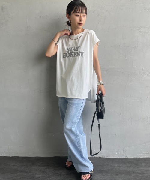 MAISON DE L'ALLURE（メゾンドゥラリュール）の「[MAISON DE L'ALLURE/メゾンドゥラリュール] ラメロゴ刺繍 フレンチスリーブTシャツ（Tシャツ/カットソー・レディース・ブラック/ネイビー/オフホワイト・F）」の22枚目の写真