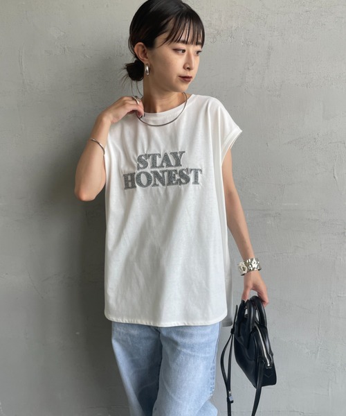 MAISON DE L'ALLURE（メゾンドゥラリュール）の「[MAISON DE L'ALLURE/メゾンドゥラリュール] ラメロゴ刺繍 フレンチスリーブTシャツ（Tシャツ/カットソー・レディース・ブラック/ネイビー/オフホワイト・F）」の19枚目の写真