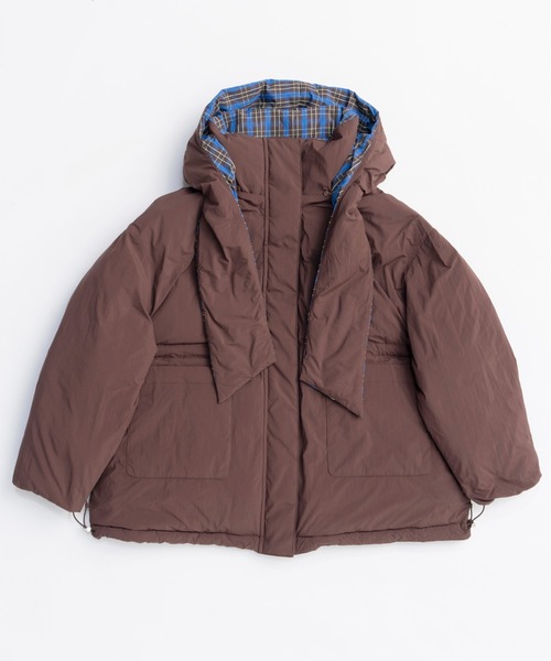 Plaid Hoodie Scarf Middle Down Coat/チェックフーディマフラーミドル