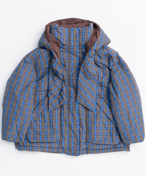 Plaid Hoodie Scarf Middle Down Coat/チェックフーディマフラーミドル